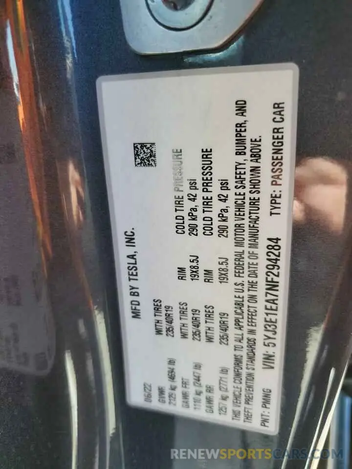 12 Photograph of a damaged car 5YJ3E1EA7NF294284 TESLA MODEL 3 2022