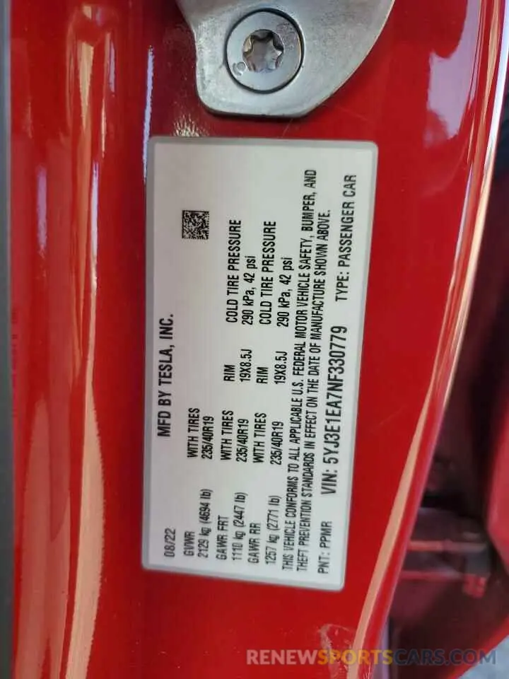 14 Photograph of a damaged car 5YJ3E1EA7NF330779 TESLA MODEL 3 2022
