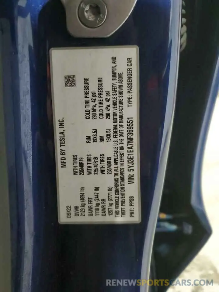 12 Photograph of a damaged car 5YJ3E1EA7NF369551 TESLA MODEL 3 2022