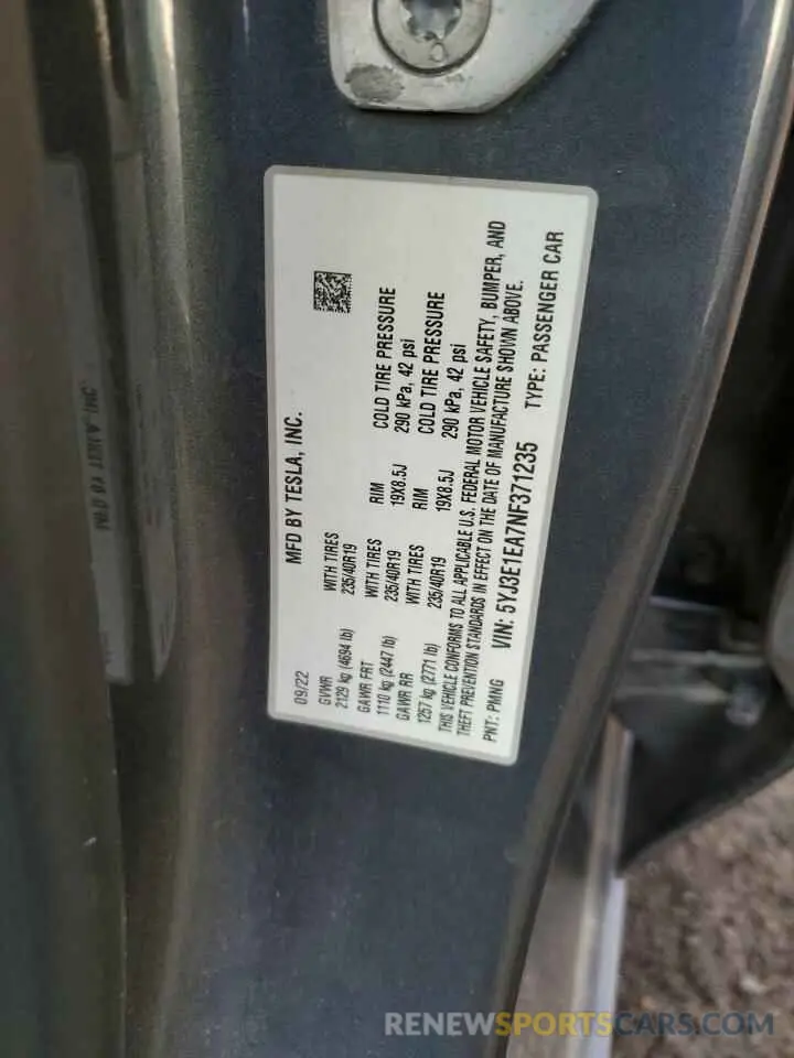 12 Photograph of a damaged car 5YJ3E1EA7NF371235 TESLA MODEL 3 2022