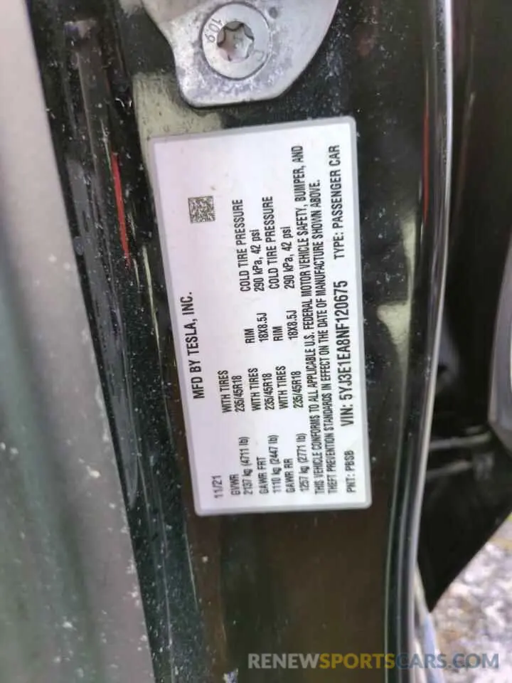13 Photograph of a damaged car 5YJ3E1EA8NF120675 TESLA MODEL 3 2022