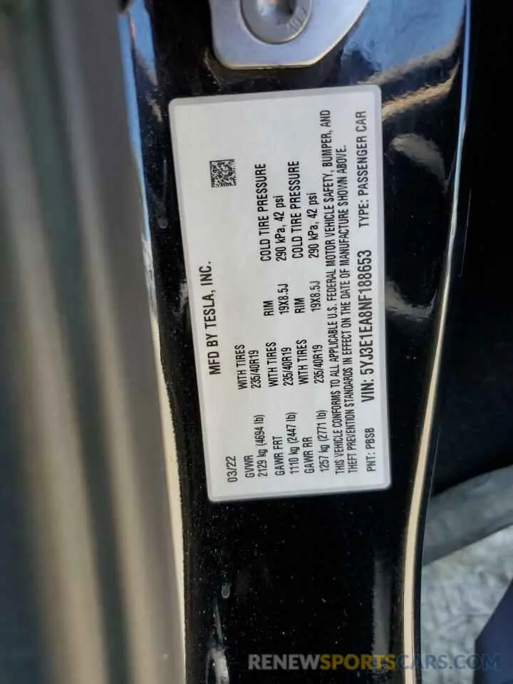 12 Photograph of a damaged car 5YJ3E1EA8NF188653 TESLA MODEL 3 2022