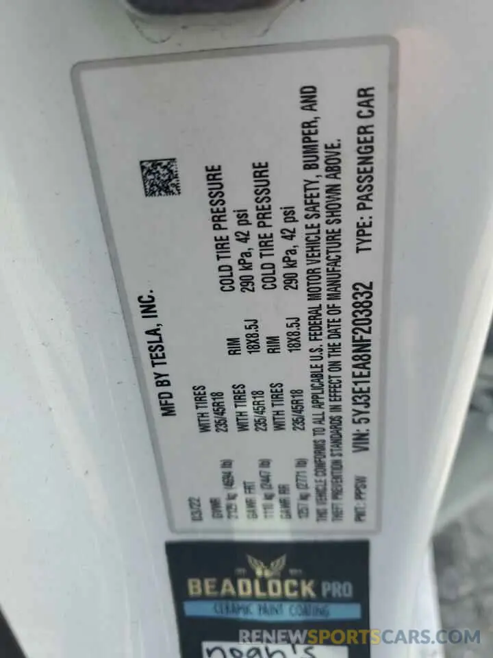 12 Photograph of a damaged car 5YJ3E1EA8NF203832 TESLA MODEL 3 2022