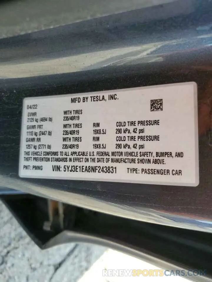 14 Photograph of a damaged car 5YJ3E1EA8NF243831 TESLA MODEL 3 2022