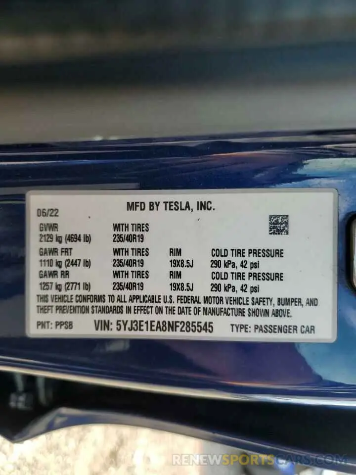 13 Photograph of a damaged car 5YJ3E1EA8NF285545 TESLA MODEL 3 2022