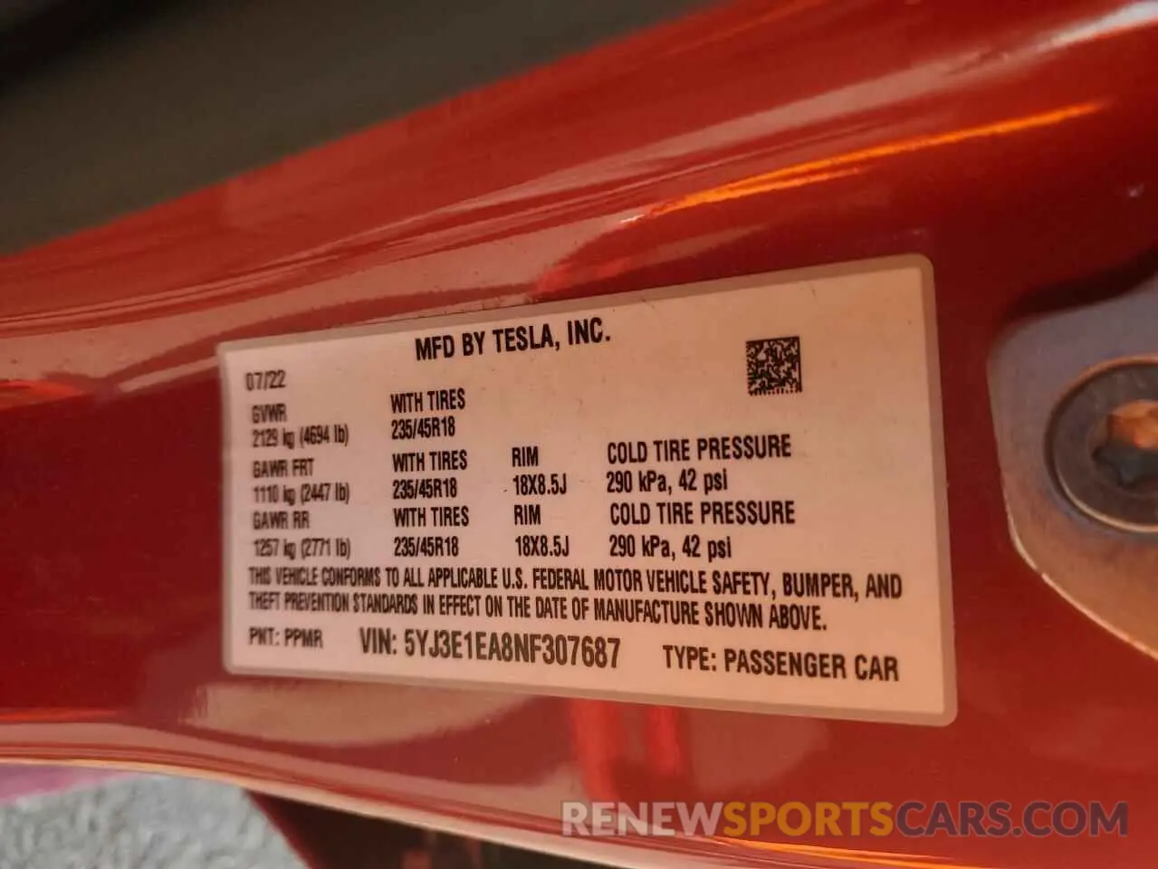 14 Photograph of a damaged car 5YJ3E1EA8NF307687 TESLA MODEL 3 2022