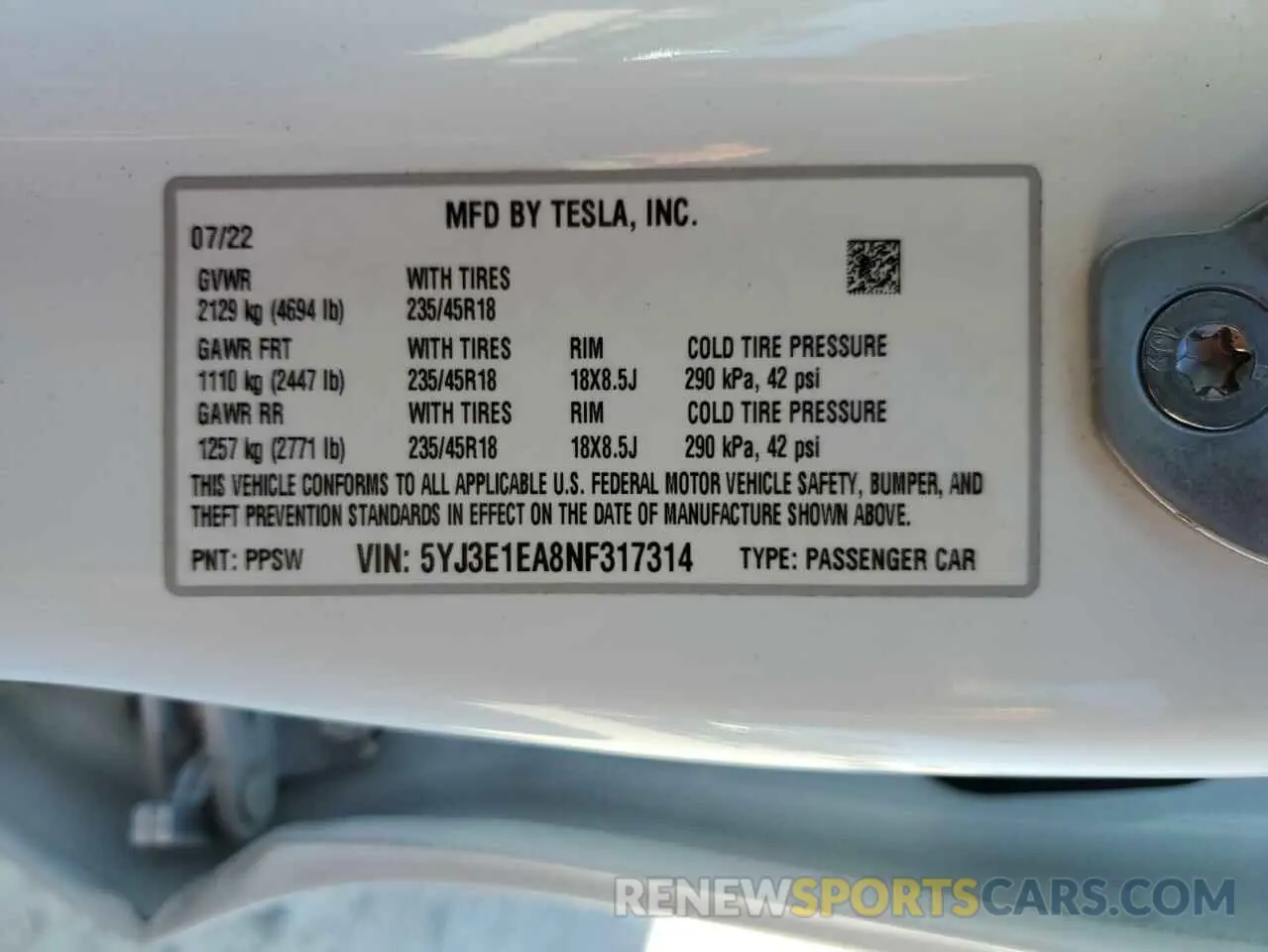13 Photograph of a damaged car 5YJ3E1EA8NF317314 TESLA MODEL 3 2022