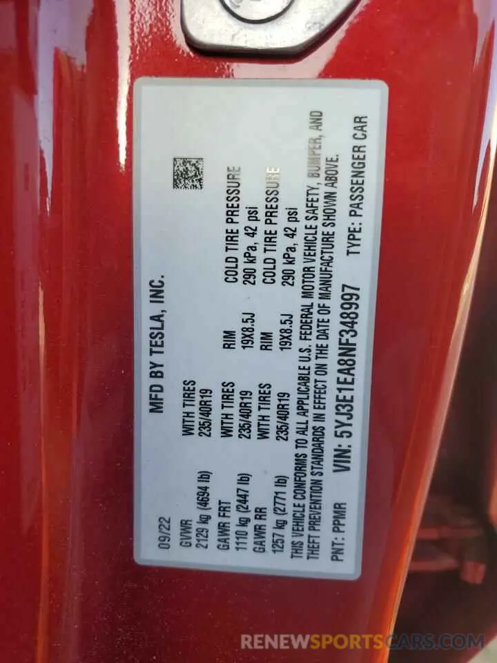 13 Photograph of a damaged car 5YJ3E1EA8NF348997 TESLA MODEL 3 2022