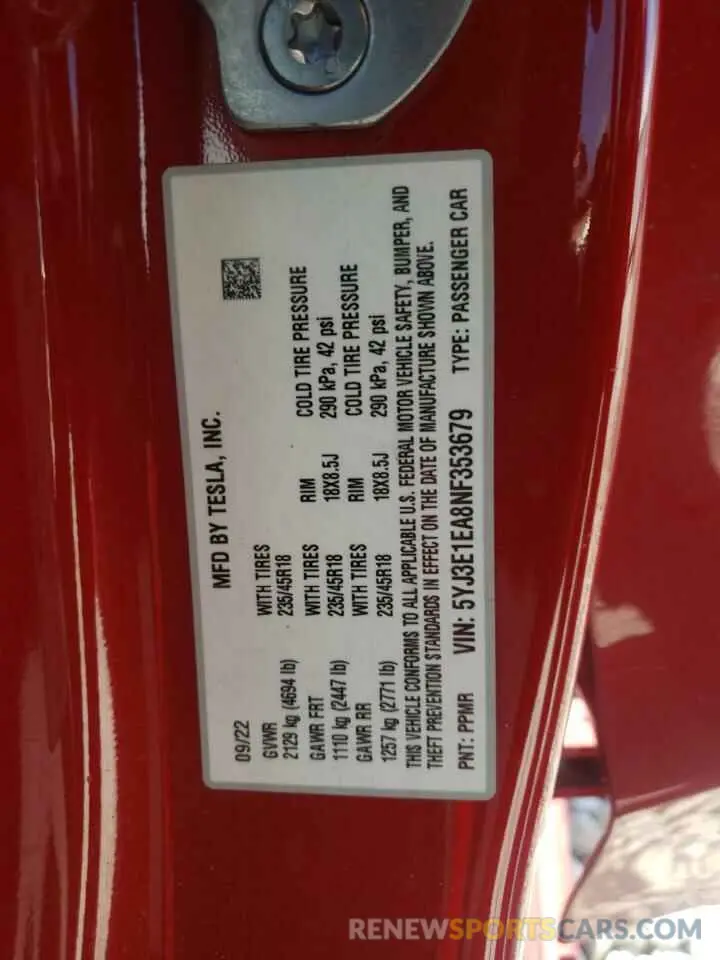 12 Photograph of a damaged car 5YJ3E1EA8NF353679 TESLA MODEL 3 2022