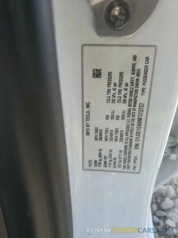 13 Photograph of a damaged car 5YJ3E1EA8NF373737 TESLA MODEL 3 2022