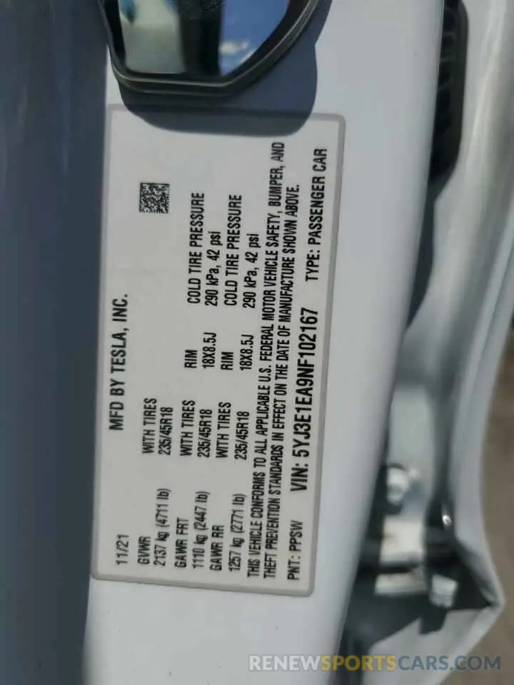 12 Photograph of a damaged car 5YJ3E1EA9NF102167 TESLA MODEL 3 2022