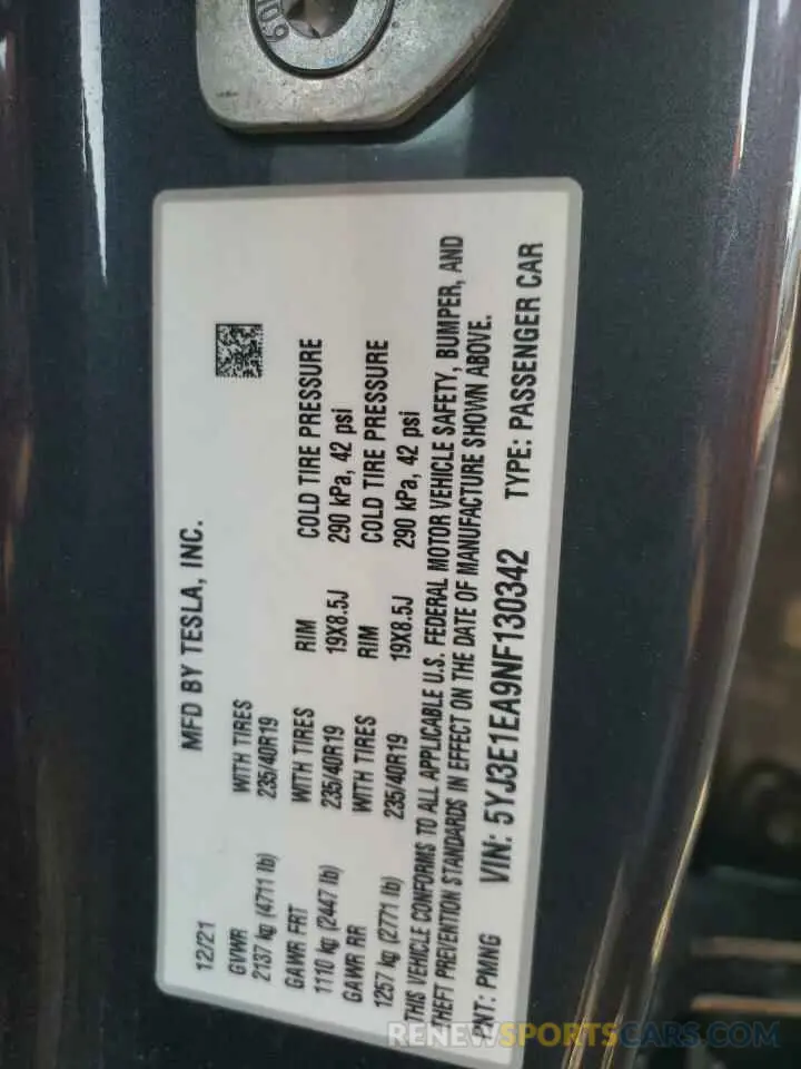 12 Photograph of a damaged car 5YJ3E1EA9NF130342 TESLA MODEL 3 2022