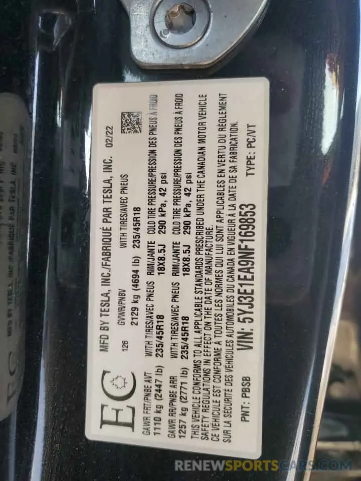12 Photograph of a damaged car 5YJ3E1EA9NF169853 TESLA MODEL 3 2022