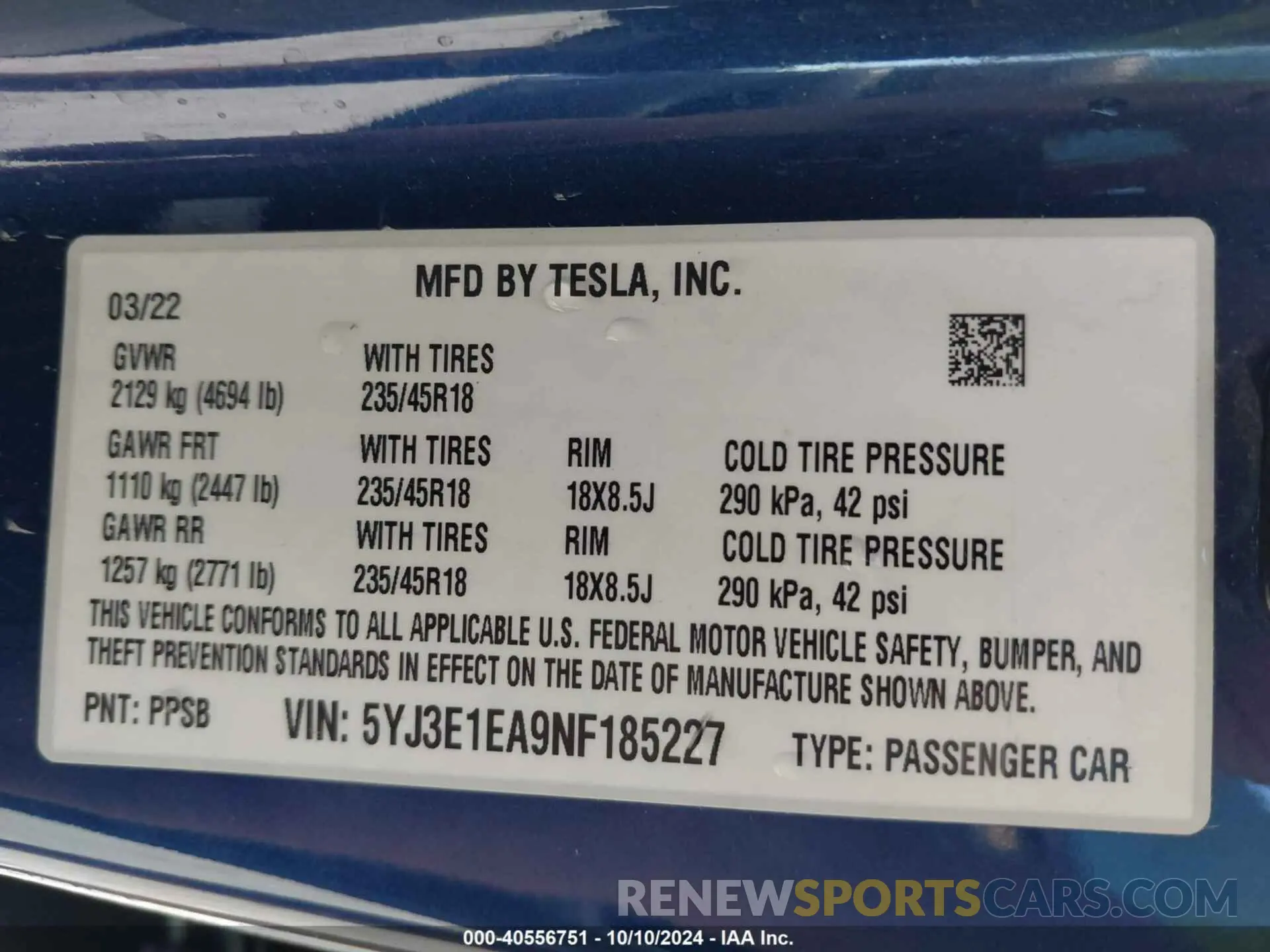 9 Photograph of a damaged car 5YJ3E1EA9NF185227 TESLA MODEL 3 2022
