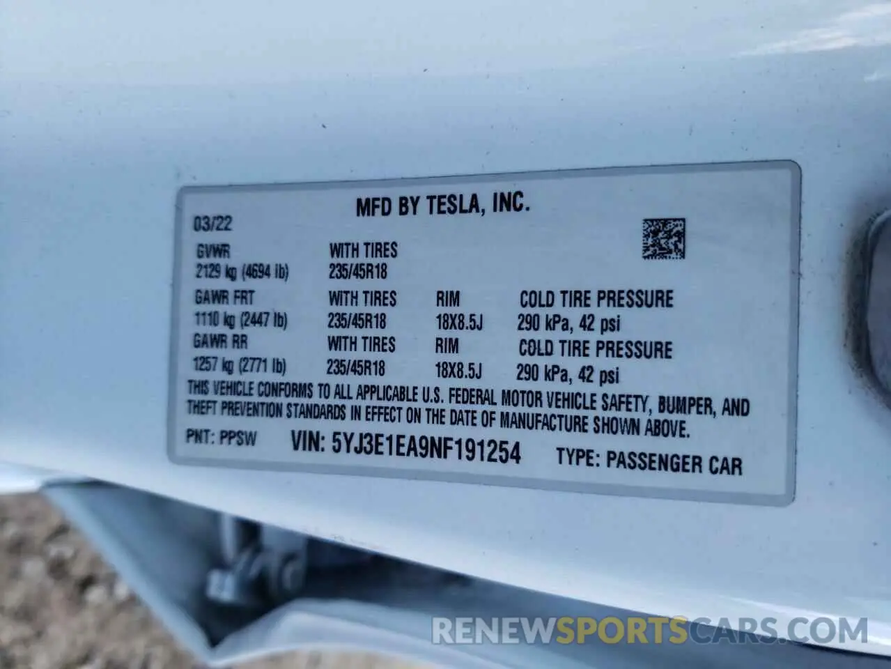 12 Photograph of a damaged car 5YJ3E1EA9NF191254 TESLA MODEL 3 2022