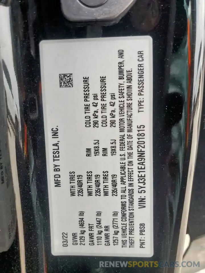 13 Photograph of a damaged car 5YJ3E1EA9NF201815 TESLA MODEL 3 2022