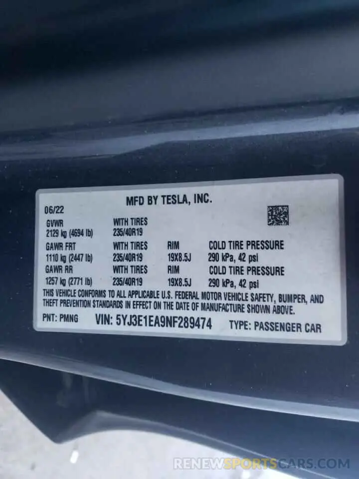 13 Photograph of a damaged car 5YJ3E1EA9NF289474 TESLA MODEL 3 2022