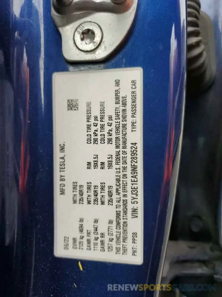 13 Photograph of a damaged car 5YJ3E1EA9NF289524 TESLA MODEL 3 2022