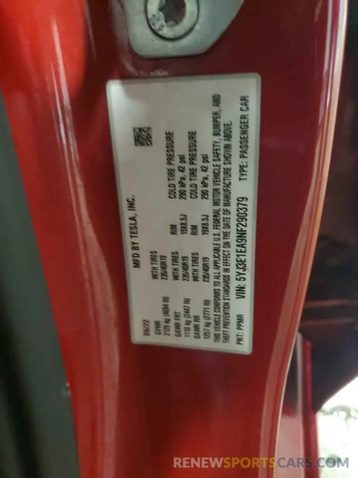 12 Photograph of a damaged car 5YJ3E1EA9NF290379 TESLA MODEL 3 2022