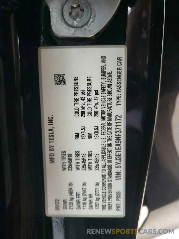 12 Photograph of a damaged car 5YJ3E1EA9NF371172 TESLA MODEL 3 2022