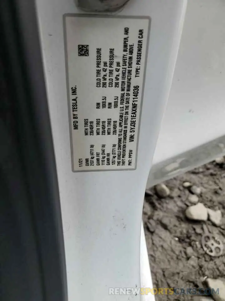 12 Photograph of a damaged car 5YJ3E1EAXNF114036 TESLA MODEL 3 2022