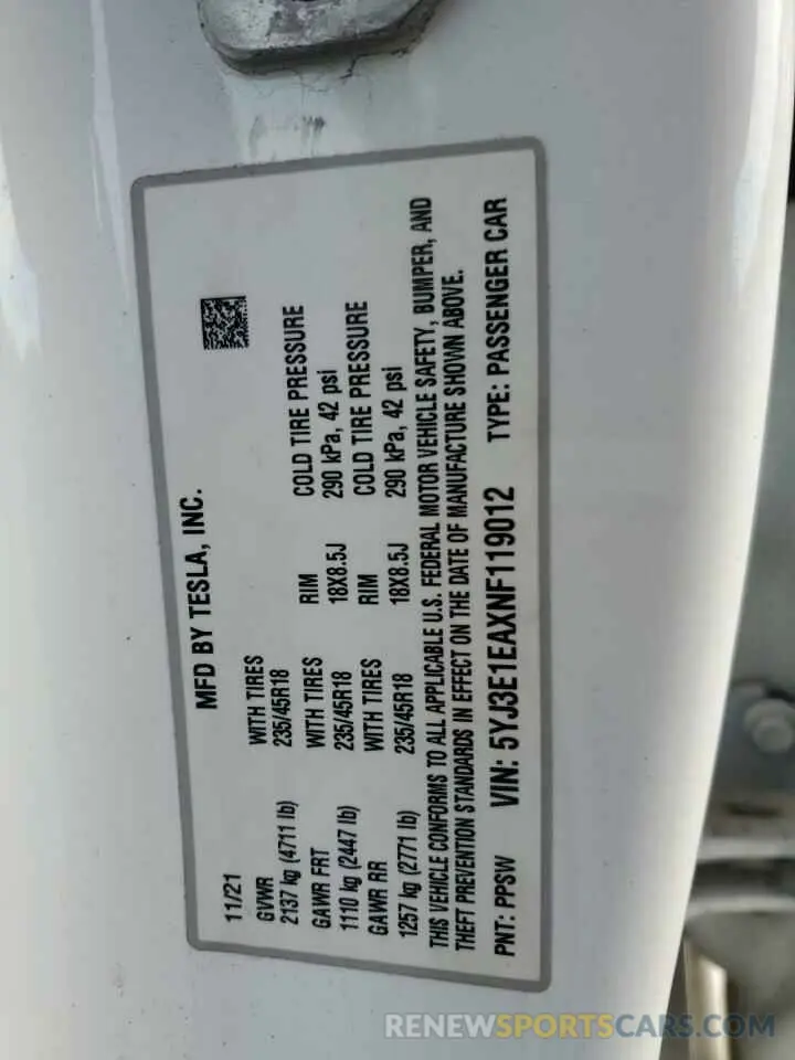 12 Photograph of a damaged car 5YJ3E1EAXNF119012 TESLA MODEL 3 2022