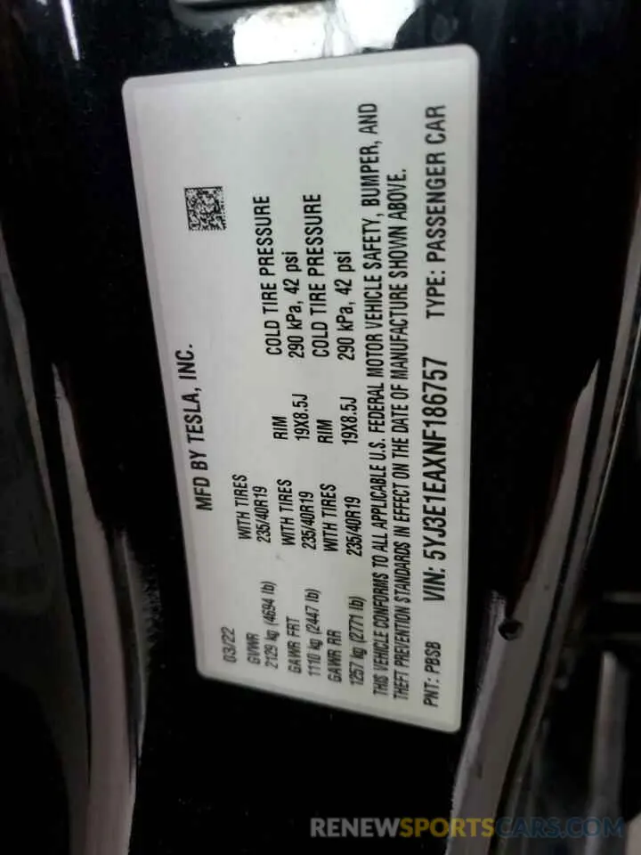 12 Photograph of a damaged car 5YJ3E1EAXNF186757 TESLA MODEL 3 2022
