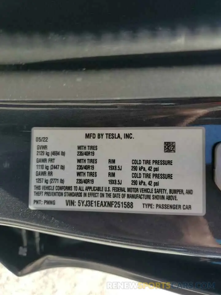 12 Photograph of a damaged car 5YJ3E1EAXNF251588 TESLA MODEL 3 2022