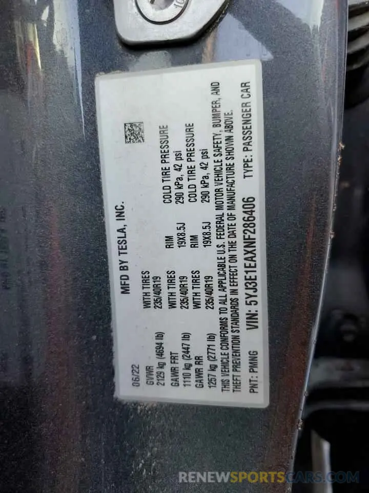 13 Photograph of a damaged car 5YJ3E1EAXNF286406 TESLA MODEL 3 2022