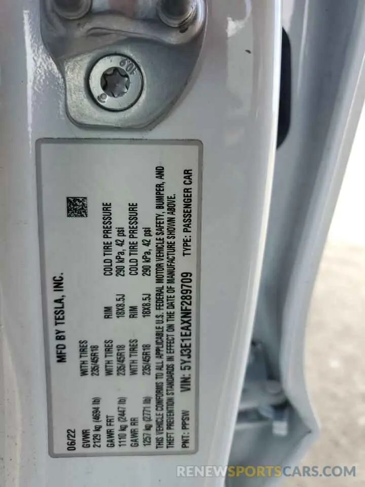 16 Photograph of a damaged car 5YJ3E1EAXNF289709 TESLA MODEL 3 2022