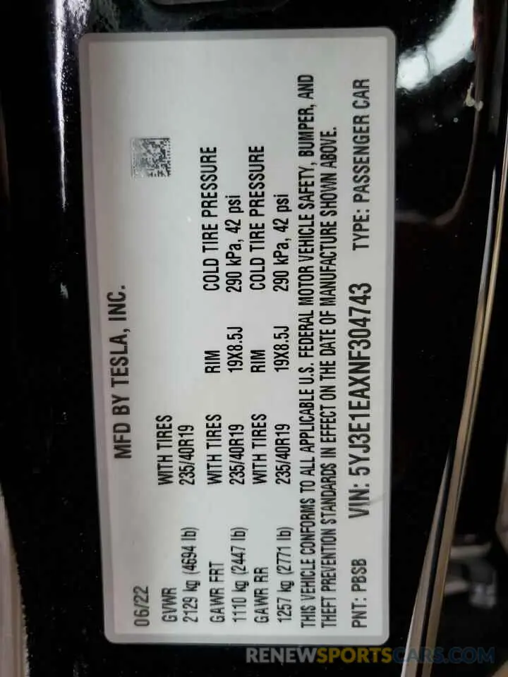 12 Photograph of a damaged car 5YJ3E1EAXNF304743 TESLA MODEL 3 2022