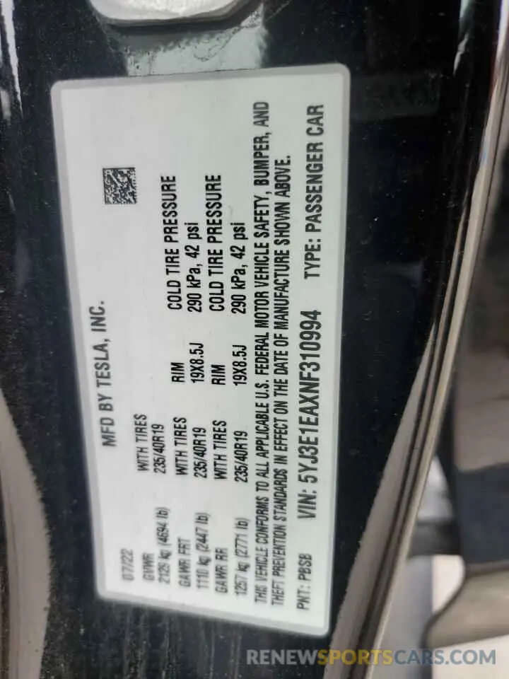 14 Photograph of a damaged car 5YJ3E1EAXNF310994 TESLA MODEL 3 2022