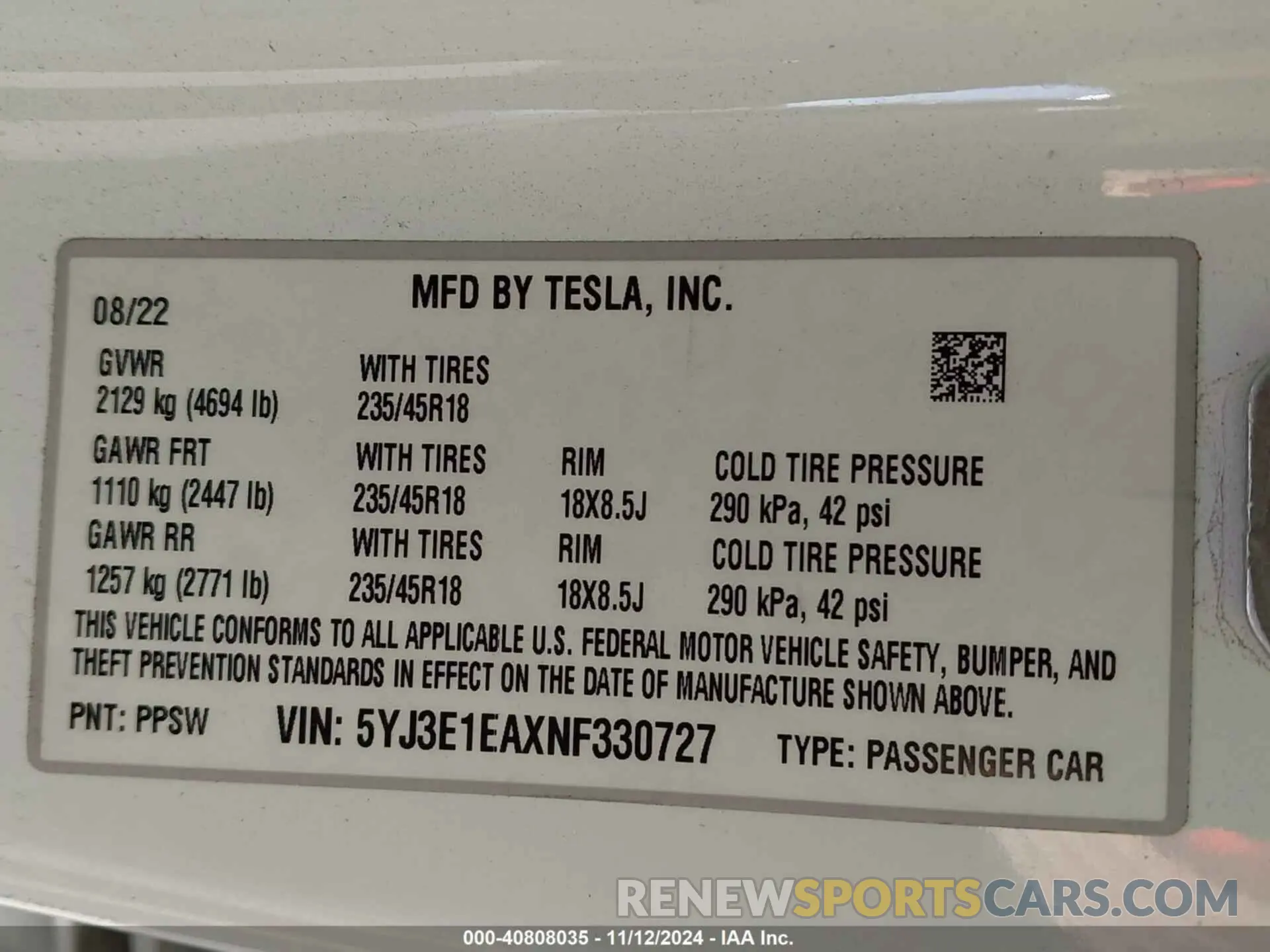 9 Photograph of a damaged car 5YJ3E1EAXNF330727 TESLA MODEL 3 2022
