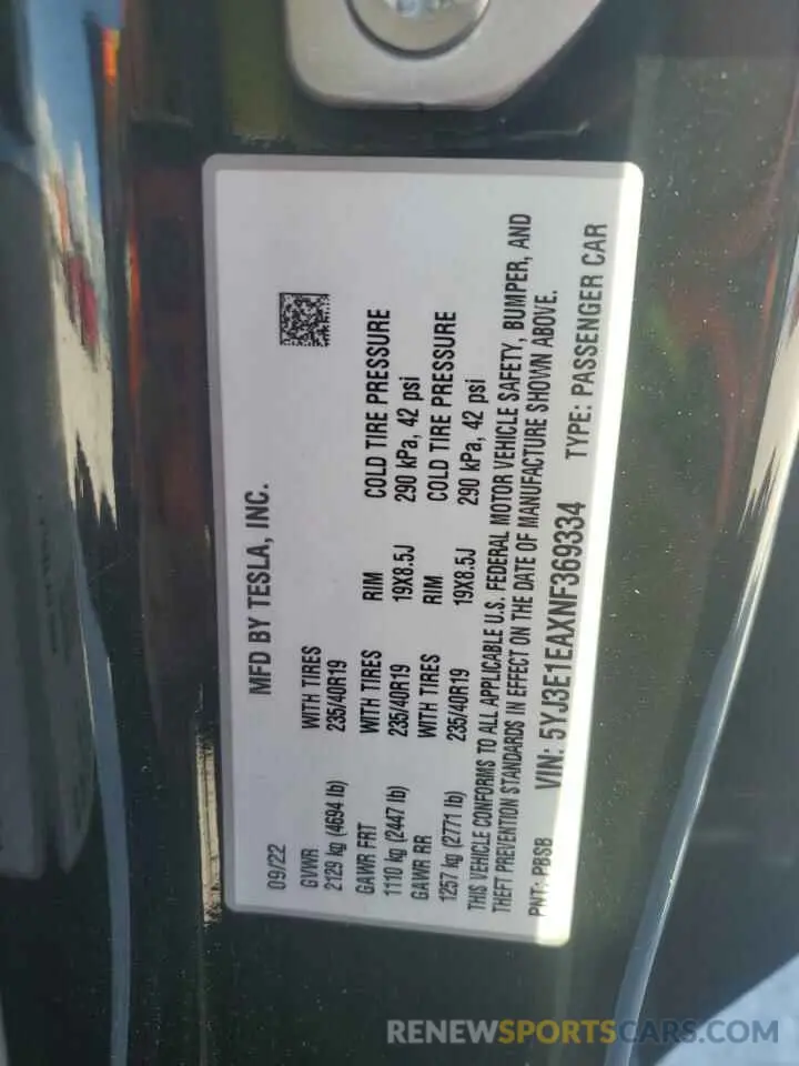 12 Photograph of a damaged car 5YJ3E1EAXNF369334 TESLA MODEL 3 2022