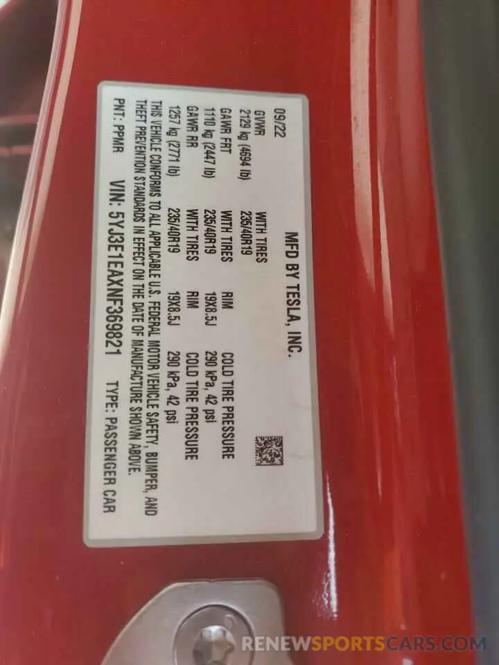 12 Photograph of a damaged car 5YJ3E1EAXNF369821 TESLA MODEL 3 2022