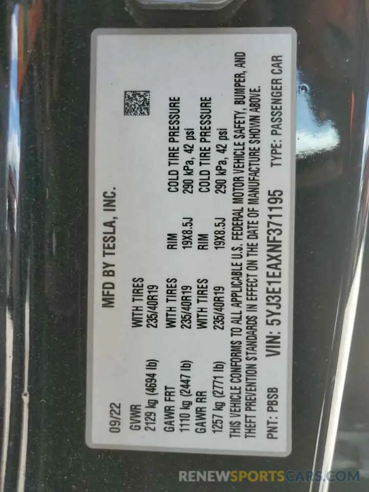 12 Photograph of a damaged car 5YJ3E1EAXNF371195 TESLA MODEL 3 2022