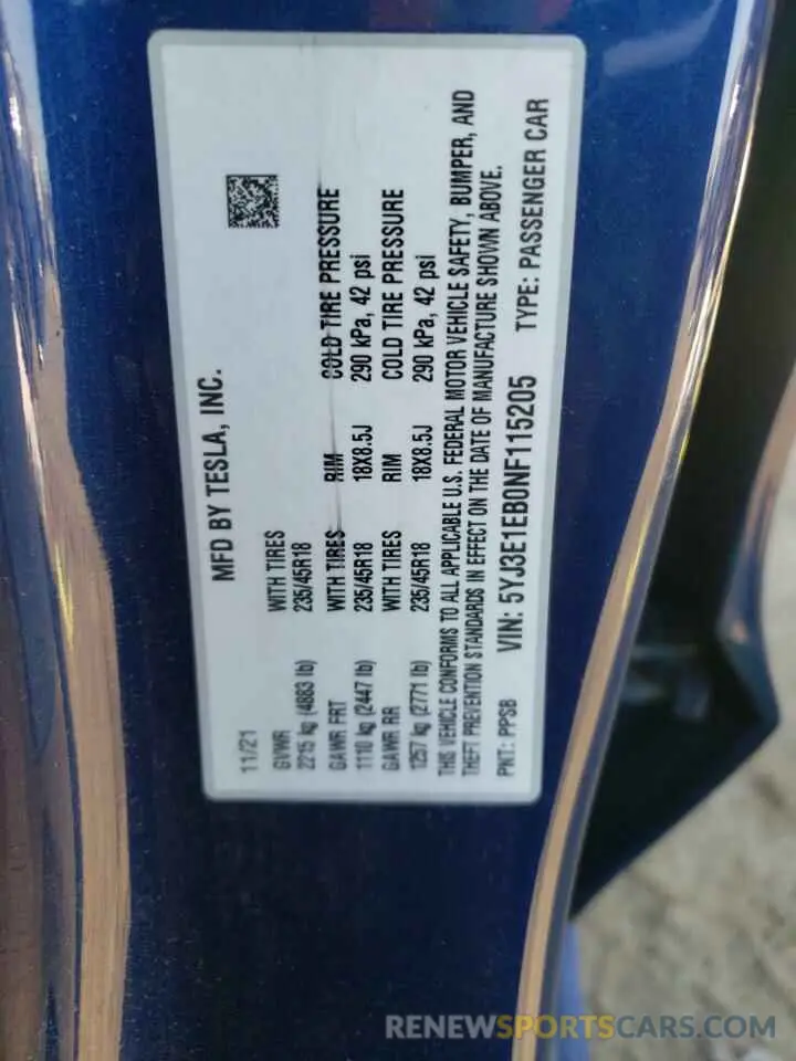 12 Photograph of a damaged car 5YJ3E1EB0NF115205 TESLA MODEL 3 2022