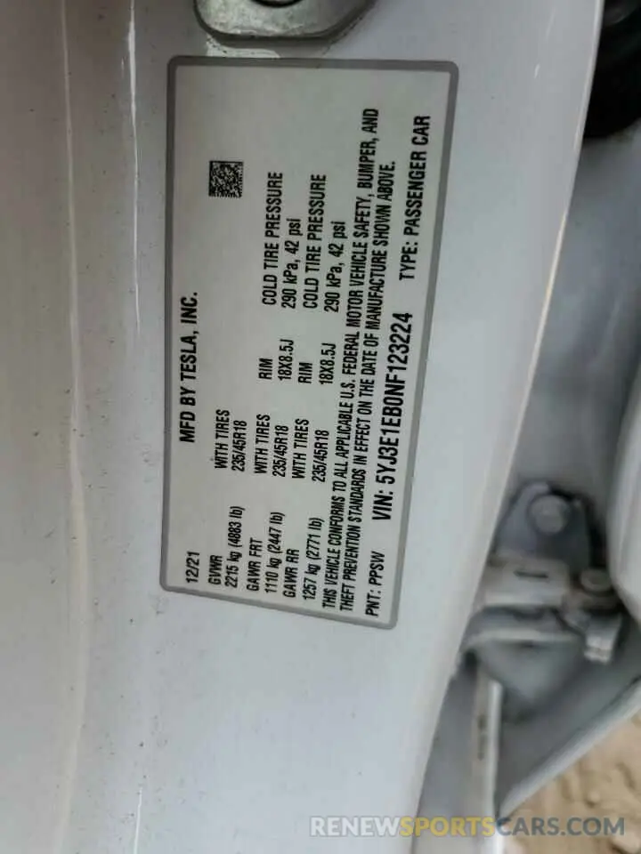13 Photograph of a damaged car 5YJ3E1EB0NF123224 TESLA MODEL 3 2022
