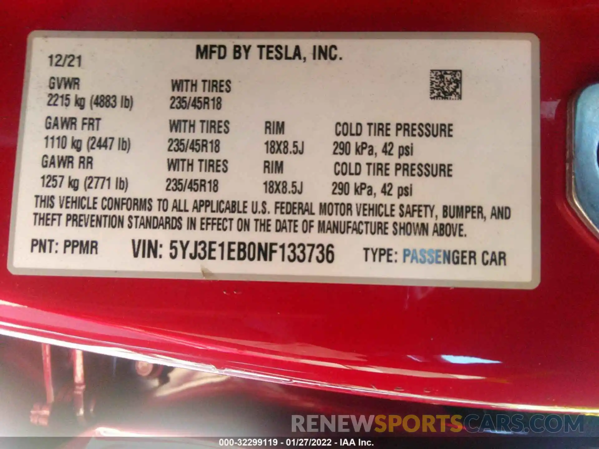 9 Photograph of a damaged car 5YJ3E1EB0NF133736 TESLA MODEL 3 2022