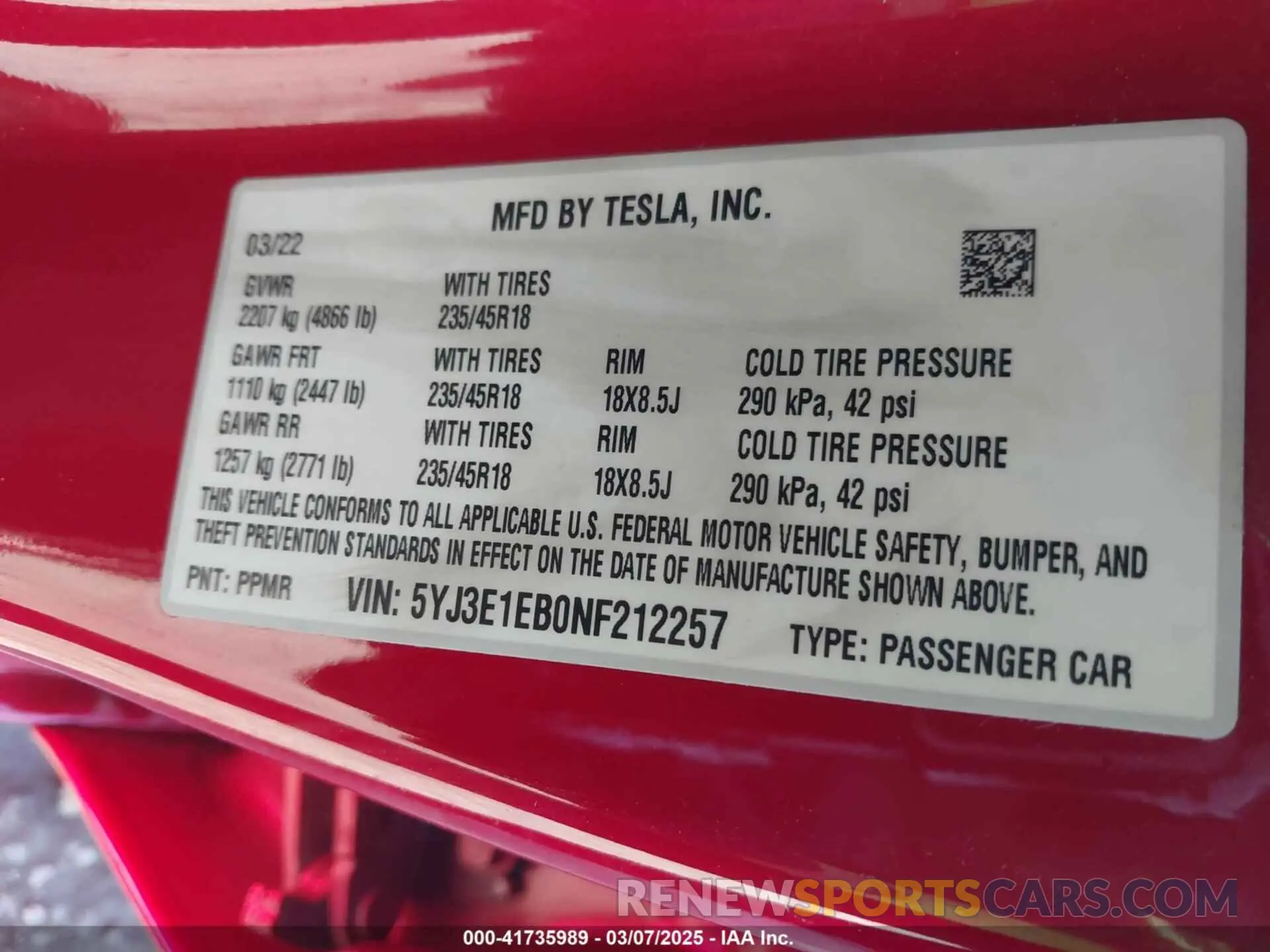 9 Photograph of a damaged car 5YJ3E1EB0NF212257 TESLA MODEL 3 2022