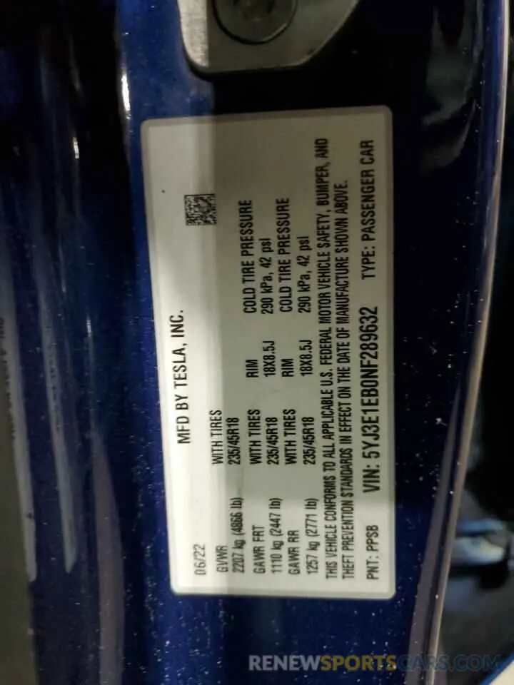 12 Photograph of a damaged car 5YJ3E1EB0NF289632 TESLA MODEL 3 2022