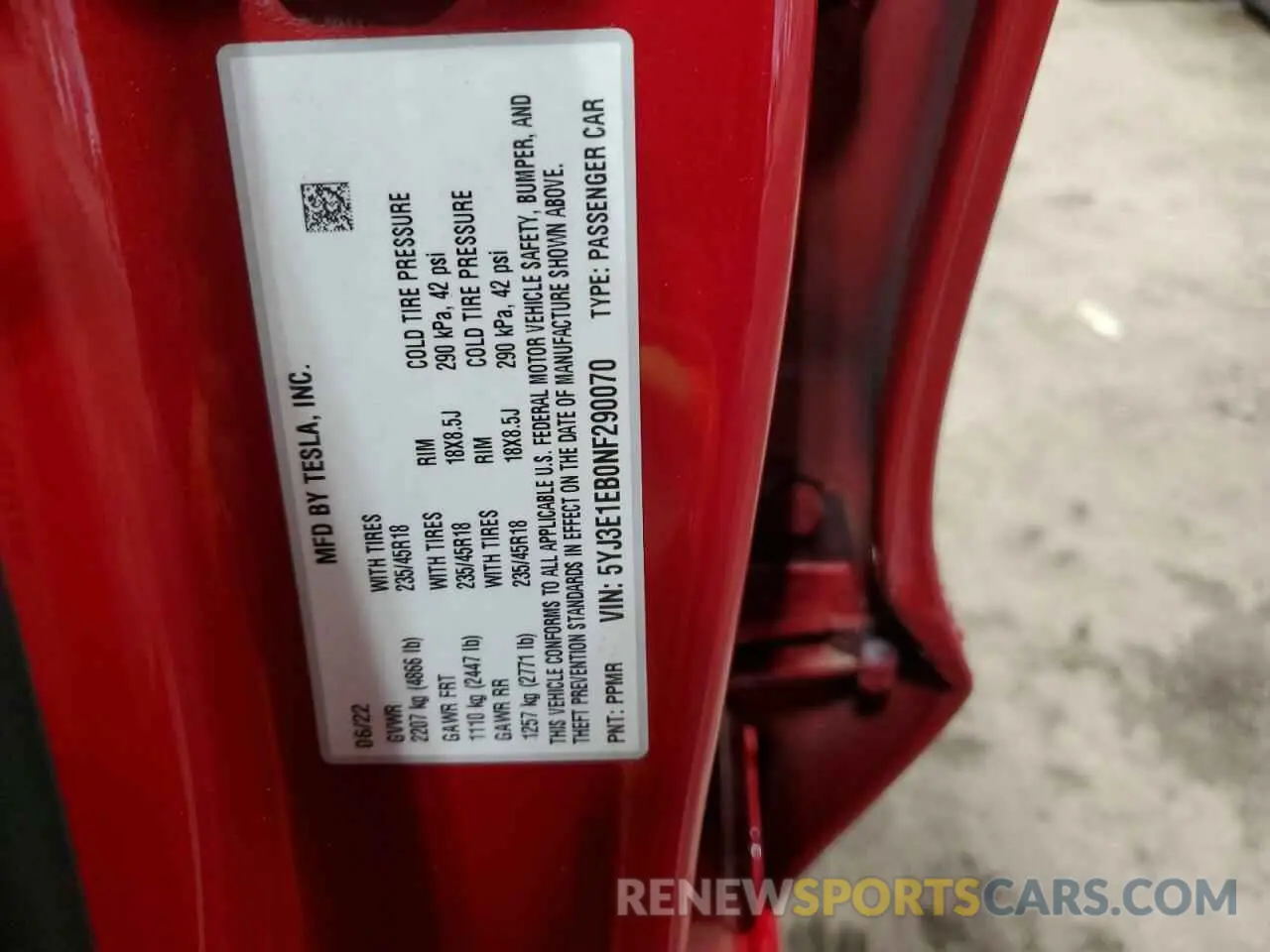 12 Photograph of a damaged car 5YJ3E1EB0NF290070 TESLA MODEL 3 2022