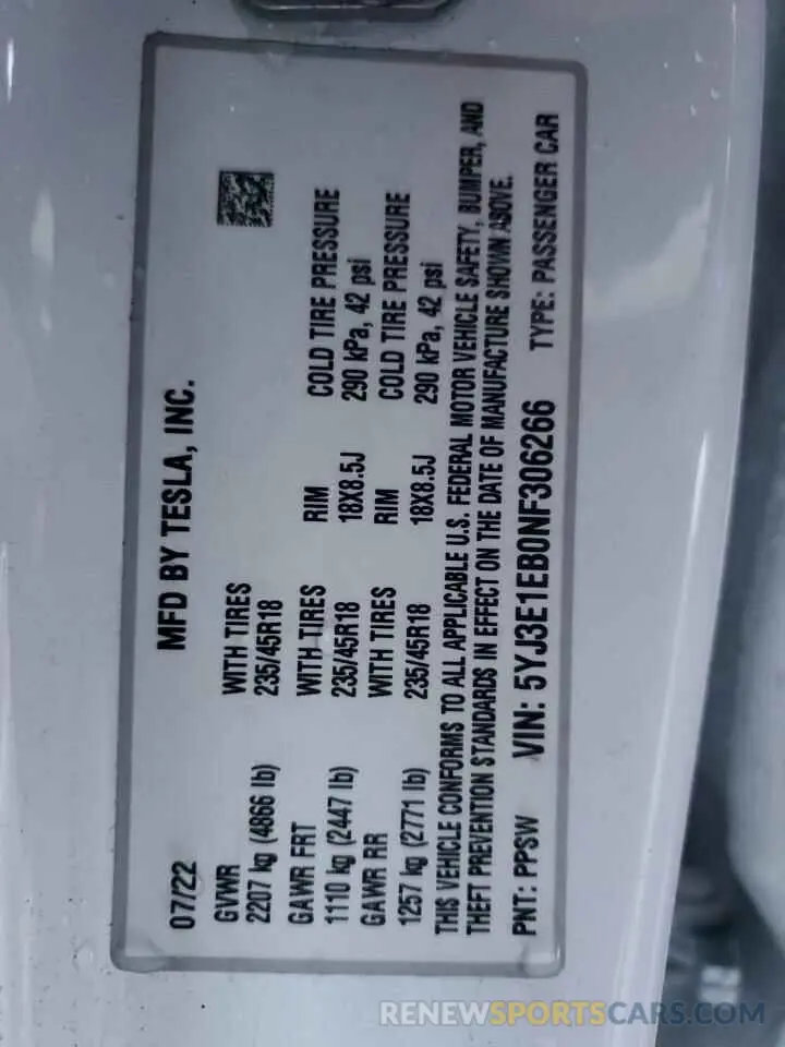 13 Photograph of a damaged car 5YJ3E1EB0NF306266 TESLA MODEL 3 2022