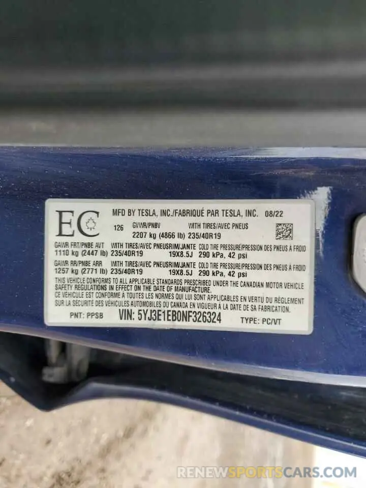 12 Photograph of a damaged car 5YJ3E1EB0NF326324 TESLA MODEL 3 2022