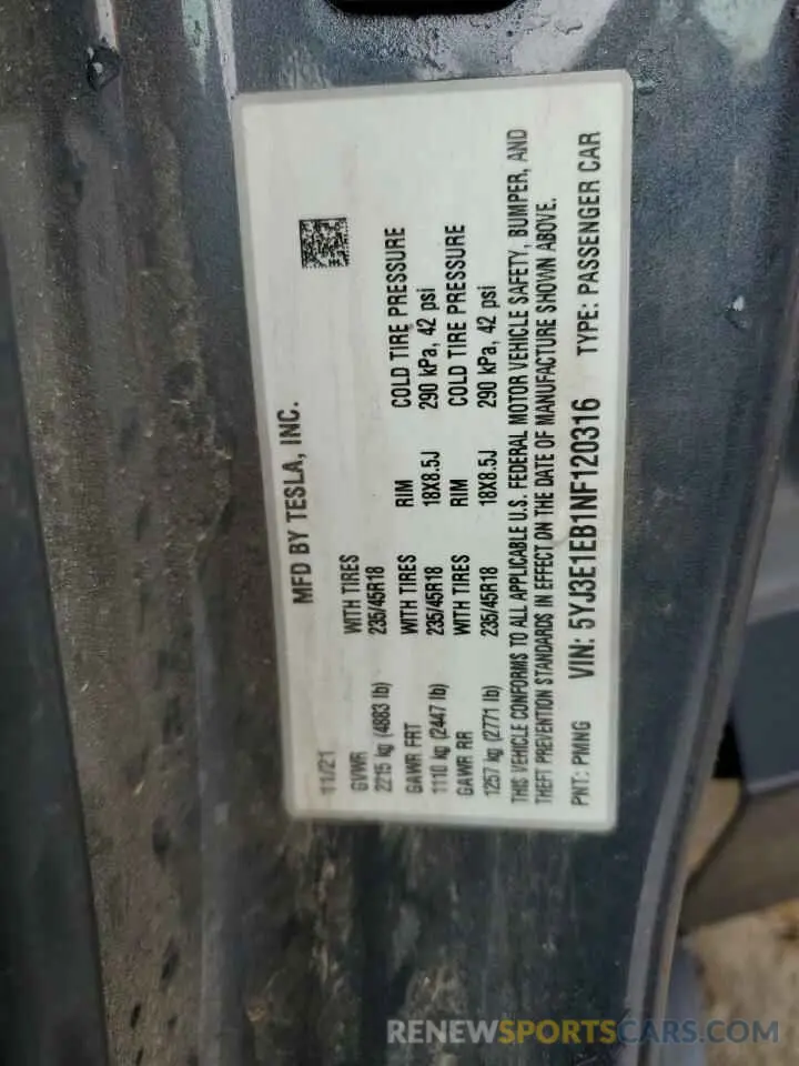 13 Photograph of a damaged car 5YJ3E1EB1NF120316 TESLA MODEL 3 2022