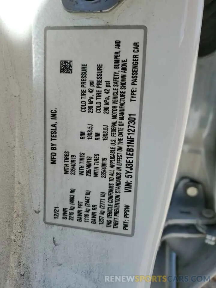 12 Photograph of a damaged car 5YJ3E1EB1NF127301 TESLA MODEL 3 2022