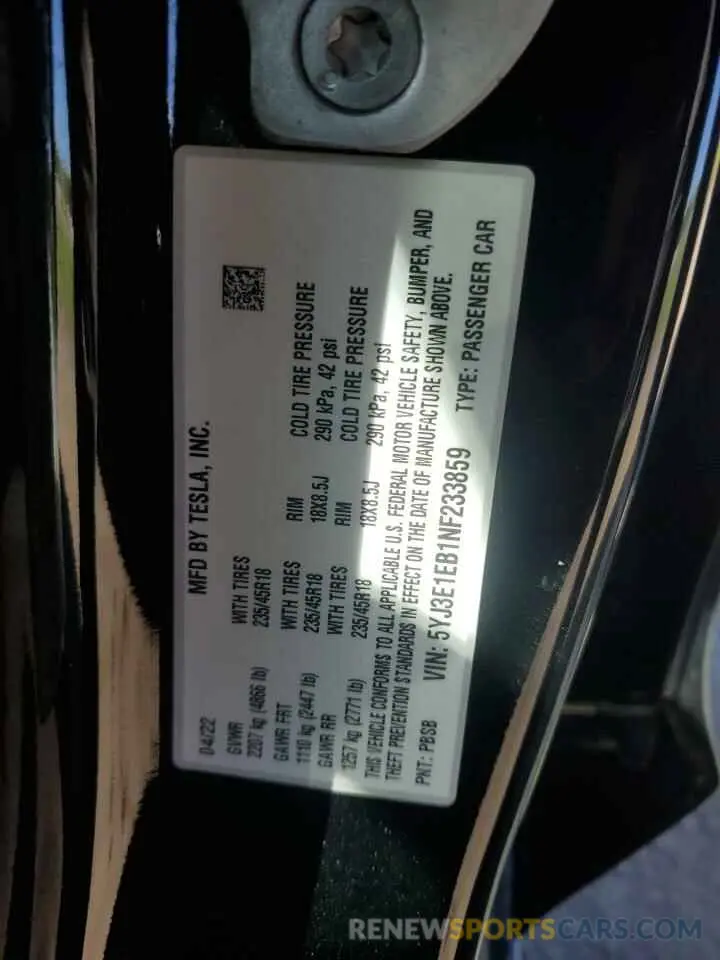 12 Photograph of a damaged car 5YJ3E1EB1NF233859 TESLA MODEL 3 2022