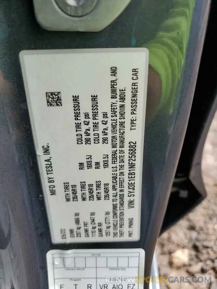 12 Photograph of a damaged car 5YJ3E1EB1NF256882 TESLA MODEL 3 2022