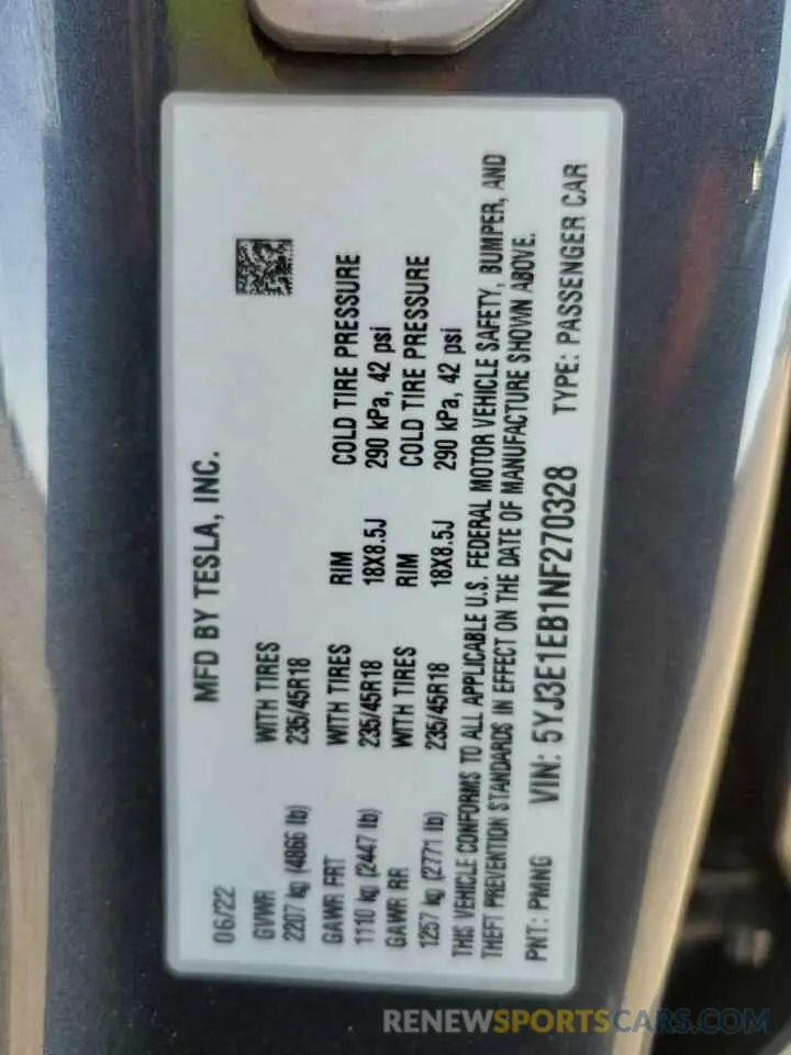 16 Photograph of a damaged car 5YJ3E1EB1NF270328 TESLA MODEL 3 2022