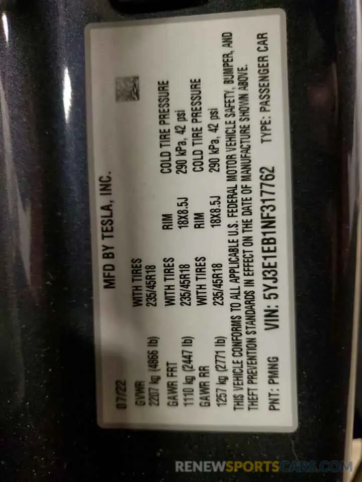 14 Photograph of a damaged car 5YJ3E1EB1NF317762 TESLA MODEL 3 2022